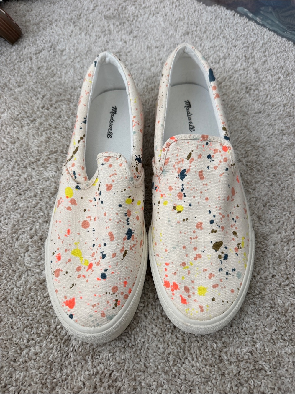Madewell Women’s White Canvas Slip-On Sneakers with Multicolor Paint Splatter